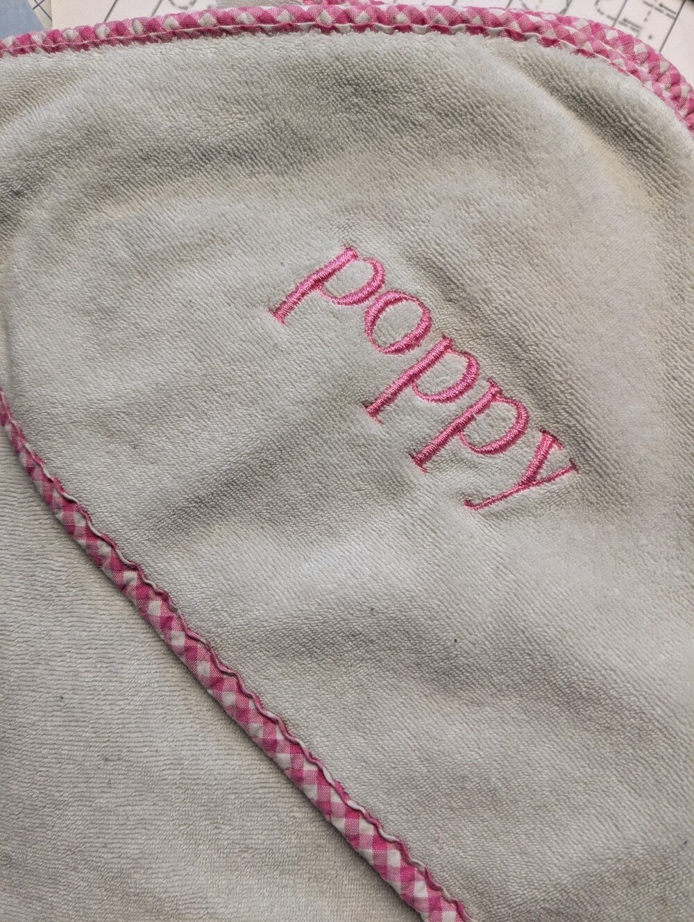 Personalized 'poppy' Embroidered Baby Hooded Towel - Pink Trim